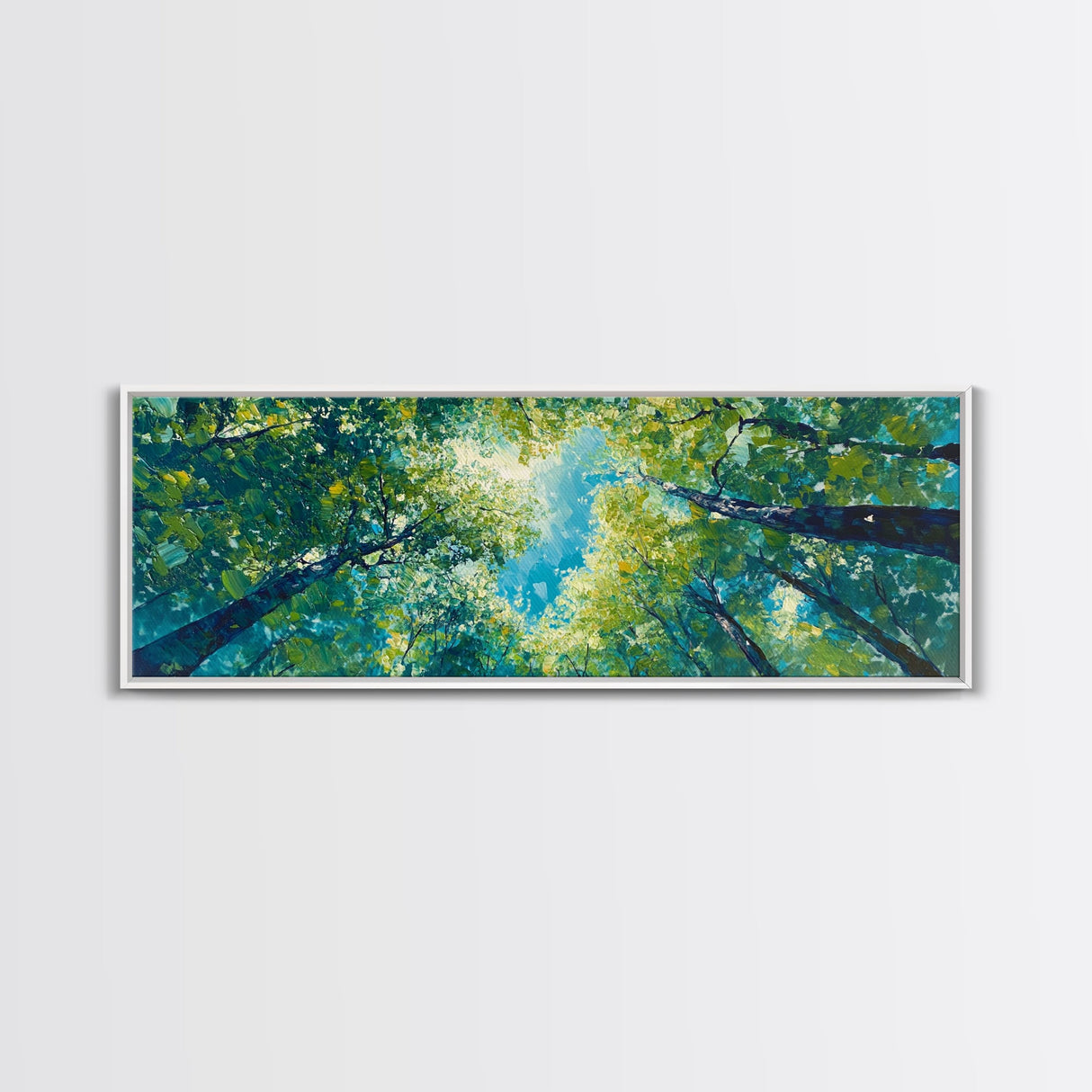 Sunlit Forest Framed Canvas Print Vibrant Nature Wall Art, Green Tree Canopy Painting, Bright Boho Decor, Botanical Living Room Art