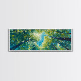 Sunlit Forest Framed Canvas Print Vibrant Nature Wall Art, Green Tree Canopy Painting, Bright Boho Decor, Botanical Living Room Art