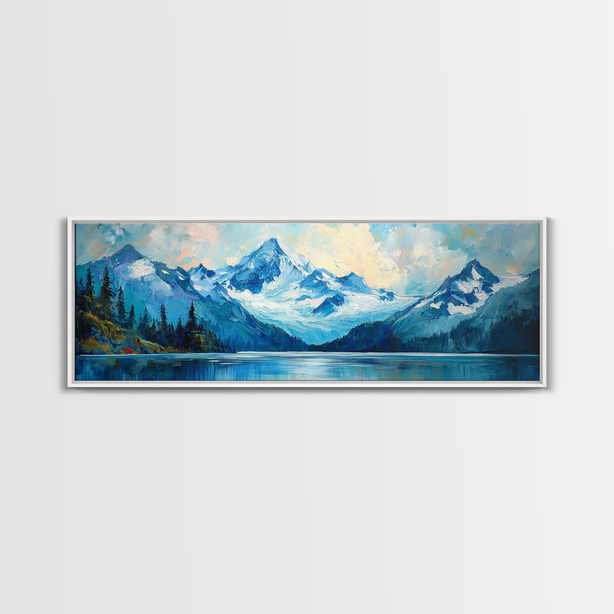 Mountain Lake Framed Canvas Print, Snowy Peak Nature Art, Adventure Home Decor, Alpine Forest Wall Art, Cabin Living Room Wall Decor
