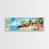Tropical Beach Hut Painting, Vibrant Coastal Paradise Wall Art, Colorful Island House Decor, Living Room Aesthetic, Canvas Print