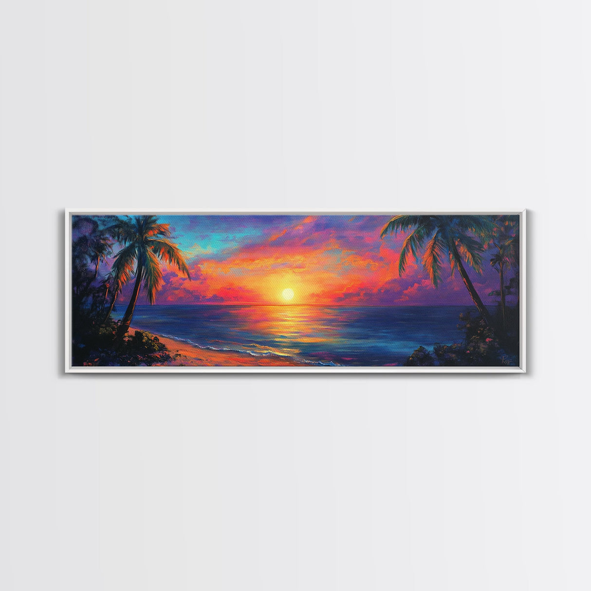 Tropical Sunset Paradise Framed Canvas Print Vibrant Beach Wall Art Palm Tree Coastal Decor Living Room Bedroom Gift Idea