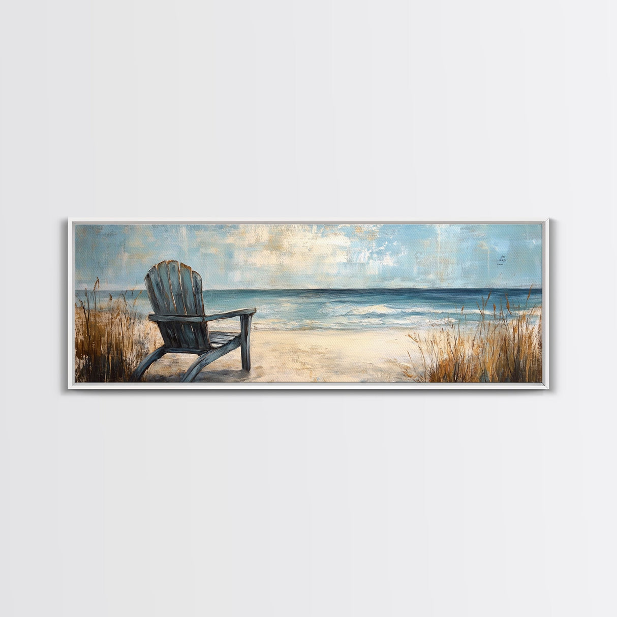 Adirondack Chair Beach Scene, Serene Coastal Landscape Art, Ocean View Wall Decor, Tranquil Bedroom, Framed Canvas Print