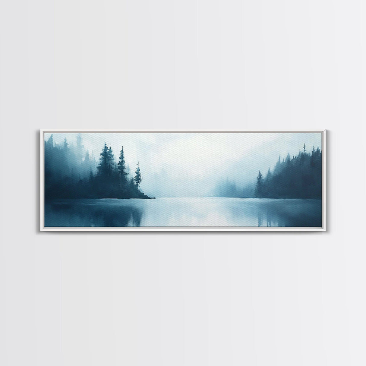 Misty Lake Forest Art, Moody Nature Painting, Blue Foggy Landscape, Tranquil Cabin Decor, Scandinavian Wall Art, Bedroom Art