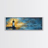 Lighthouse at Dusk Art, Nautical Coastal Painting, Moody Blue and Gold Wall Decor, Ocean Scene Artwork, Tranquil Living Room Art