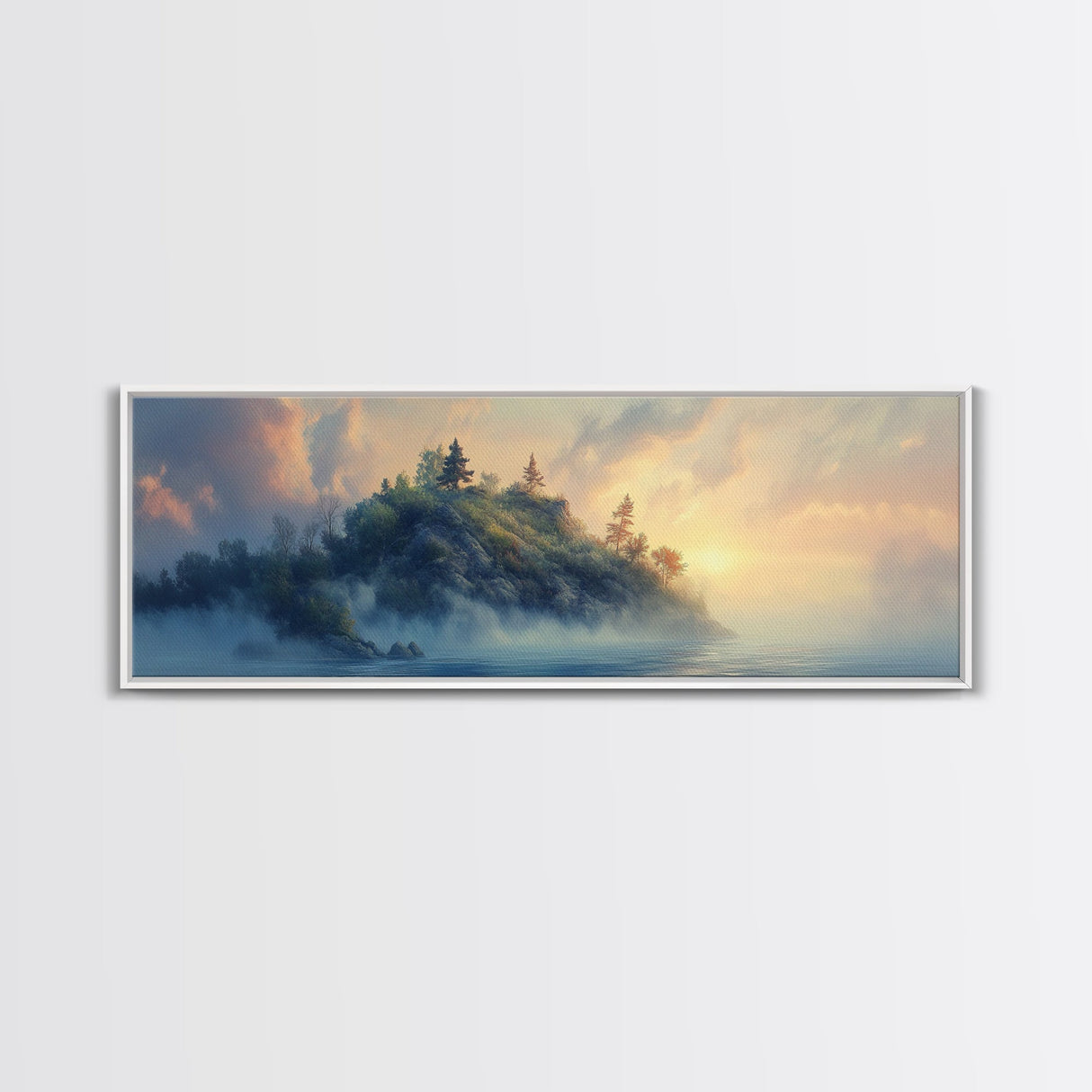 Misty Island Sunrise Canvas Print - Scenic Landscape Wall Art, Living Room Decor, Soft Light Artwork, Serene Home Office Art