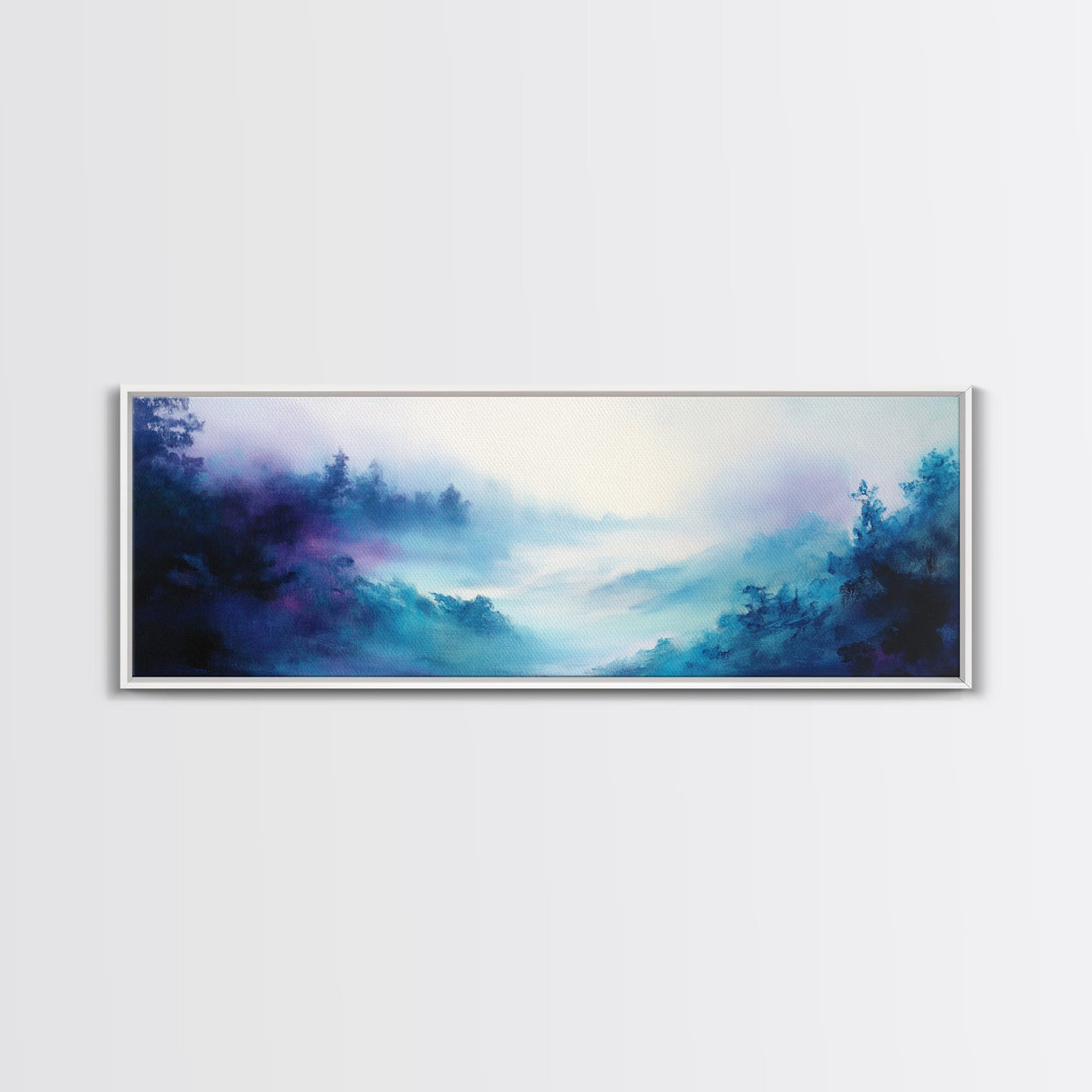 Ethereal Foggy Forest Framed Canvas Print - Mystical Landscape Wall Art, Blue and Purple Nature Decor, Living Room Art