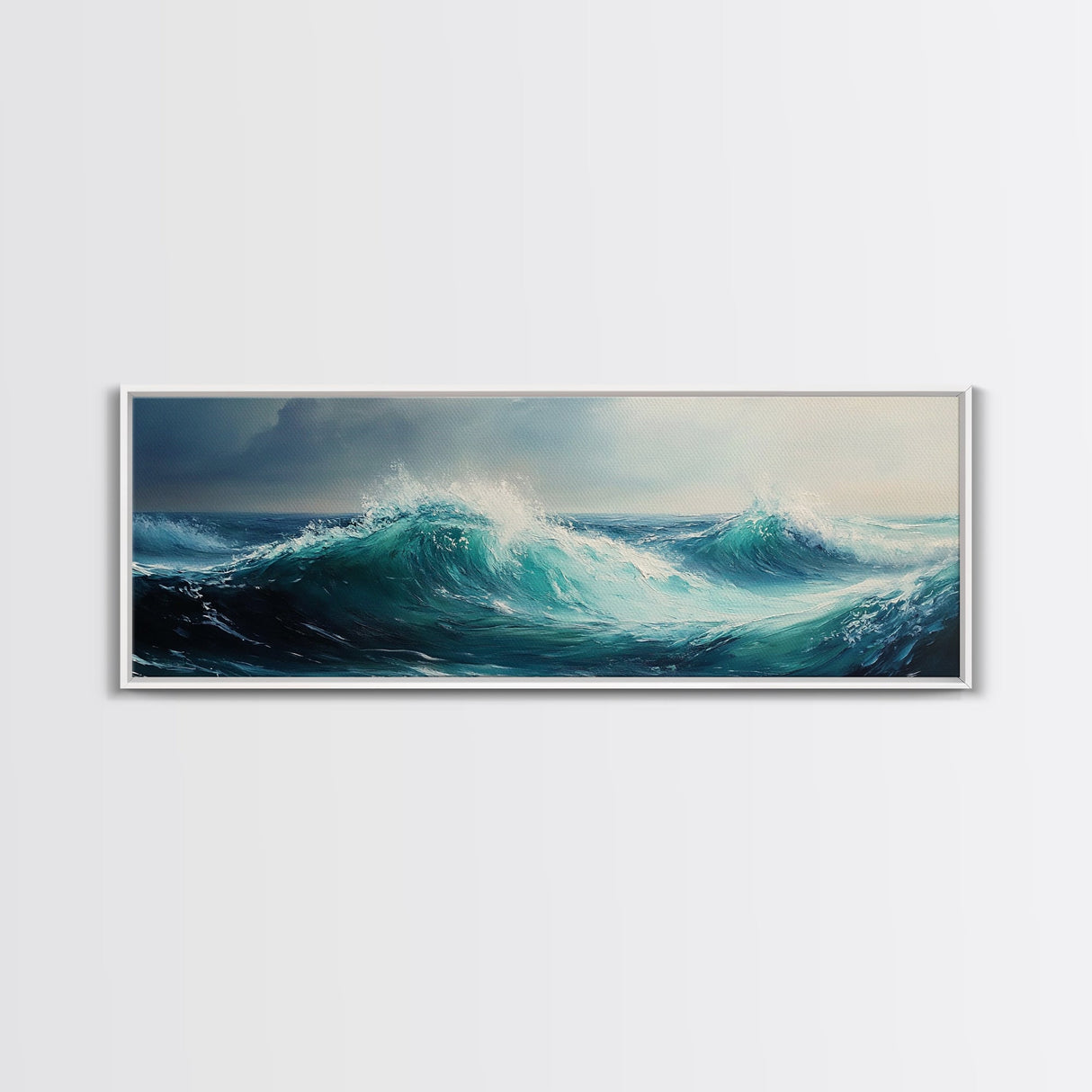 Stormy Sea Framed Canvas Print Dramatic Ocean Waves Painting, Moody Nautical Wall Art, Deep Blue Coastal Decor, Living Room Art