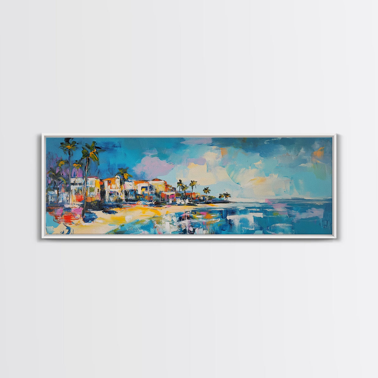Tropical Beach Houses Framed Canvas Print Coastal Wall Art Vibrant Colorful Painting Modern Decor Large Art Living Room Office Art