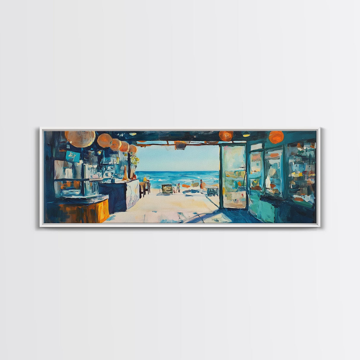 Oceanfront Cafe Scene Canvas Print Beach Bar Wall Art Coastal Decor Seaside Painting Rustic Art Dining Room Kitchen Living Room