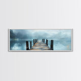 Misty Dock Landscape Framed Canvas Print Tranquil Lake Painting Minimalist Nature Art Calm Water Foggy Morning Bedroom Wall Art