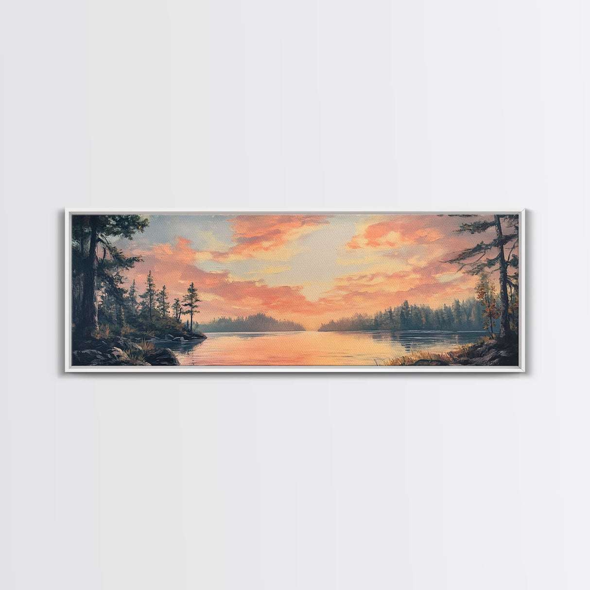 Sunset Lake Reflection Framed Canvas Print Autumn Landscape Warm Tones Nature Wall Art Rustic Cabin Decor Bedroom Living Room