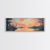Sunset Lake Reflection Framed Canvas Print Autumn Landscape Warm Tones Nature Wall Art Rustic Cabin Decor Bedroom Living Room