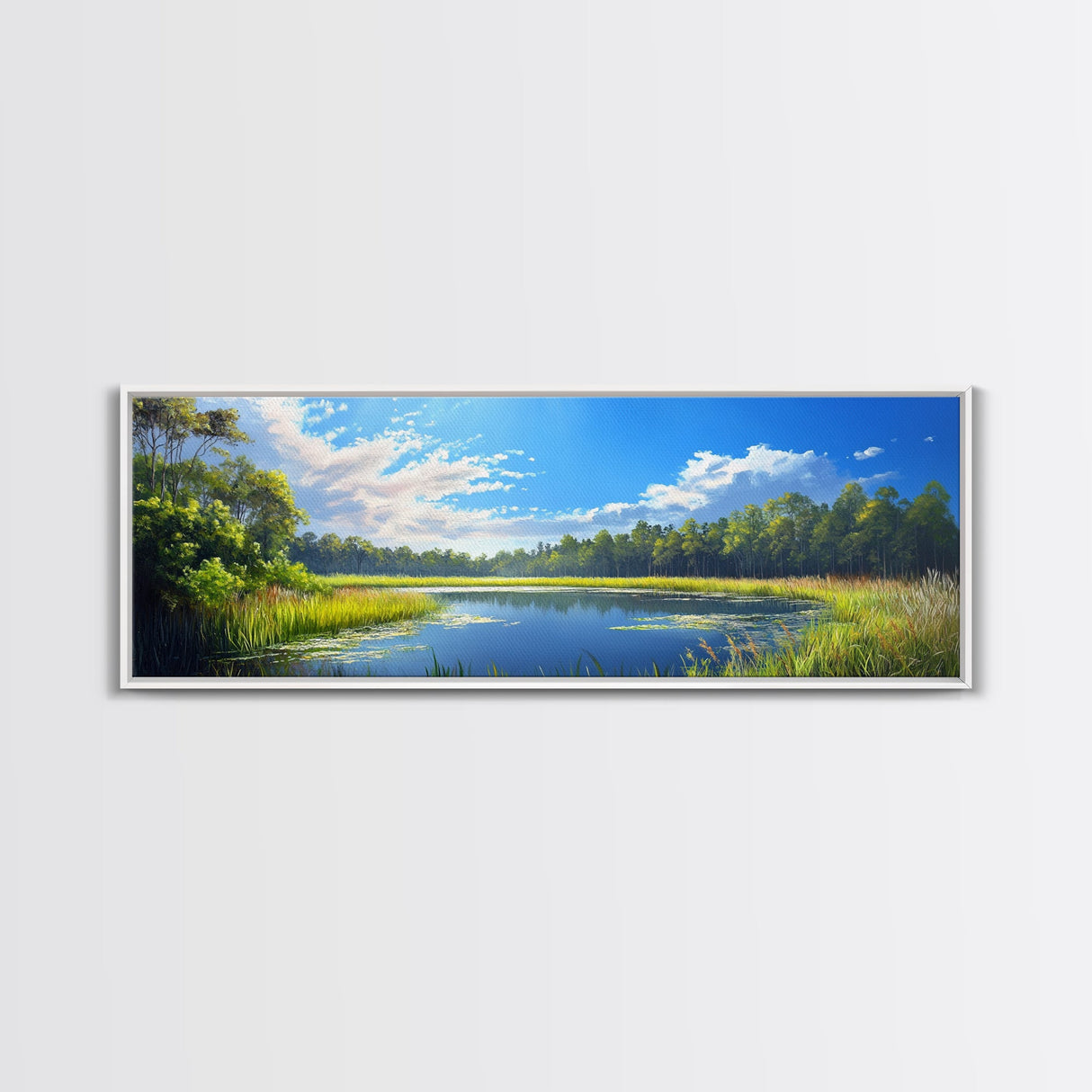 Scenic Lake Framed Canvas Print Nature Wall Art Peaceful Pond Painting Outdoor Retreat Decor Farmhouse Landscape Living Room Art