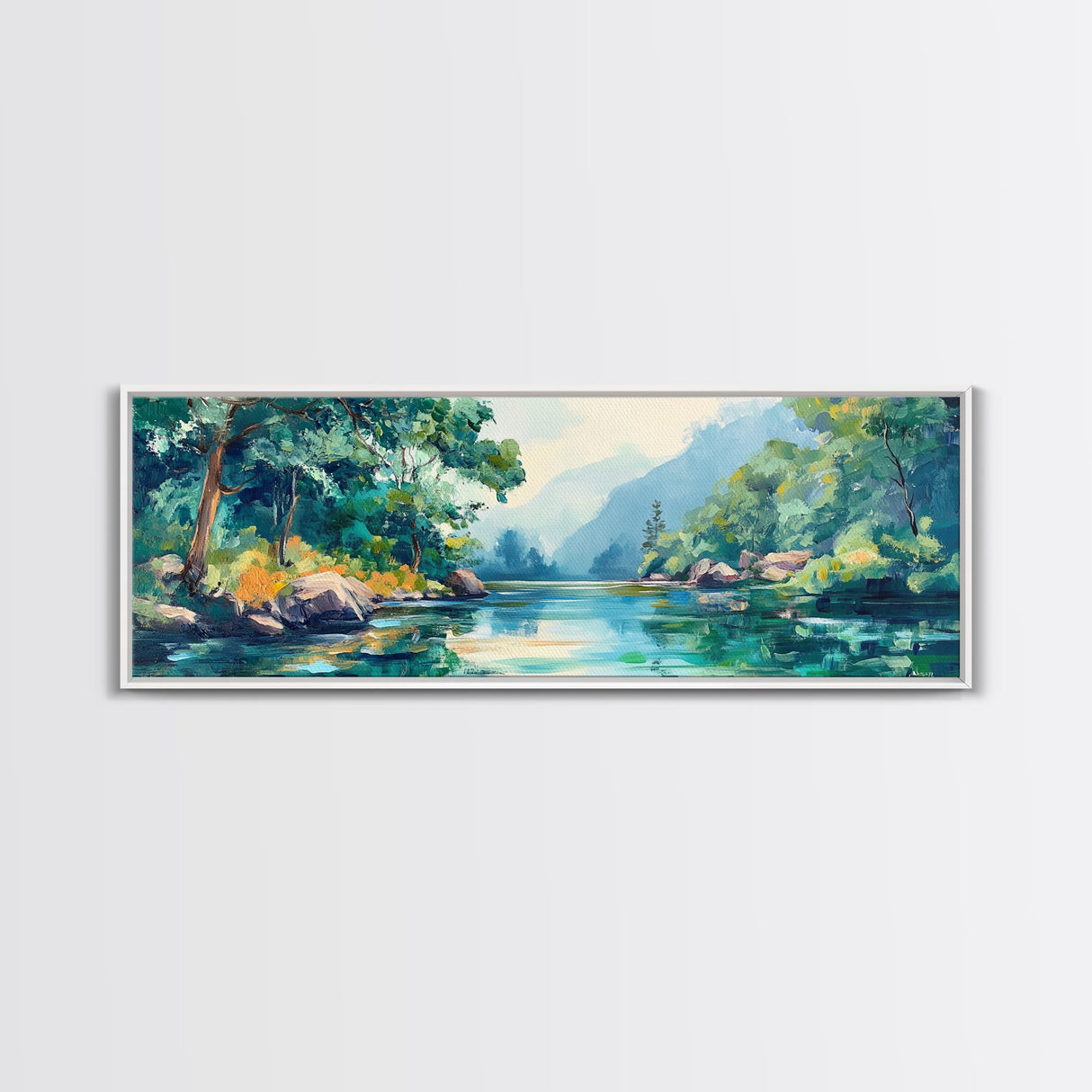 Mountain Lake View Canvas Print, Serene Landscape Painting, Green Nature Wall Art, Living Room Decor, Rustic Cabin Artwork, Gift Idea