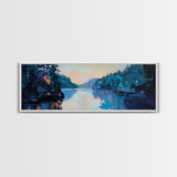 Twilight Lake Reflections Framed Canvas Print, Moody Landscape Painting, Dark Blue Nature Wall Art, Bedroom Art, Wilderness Artwork