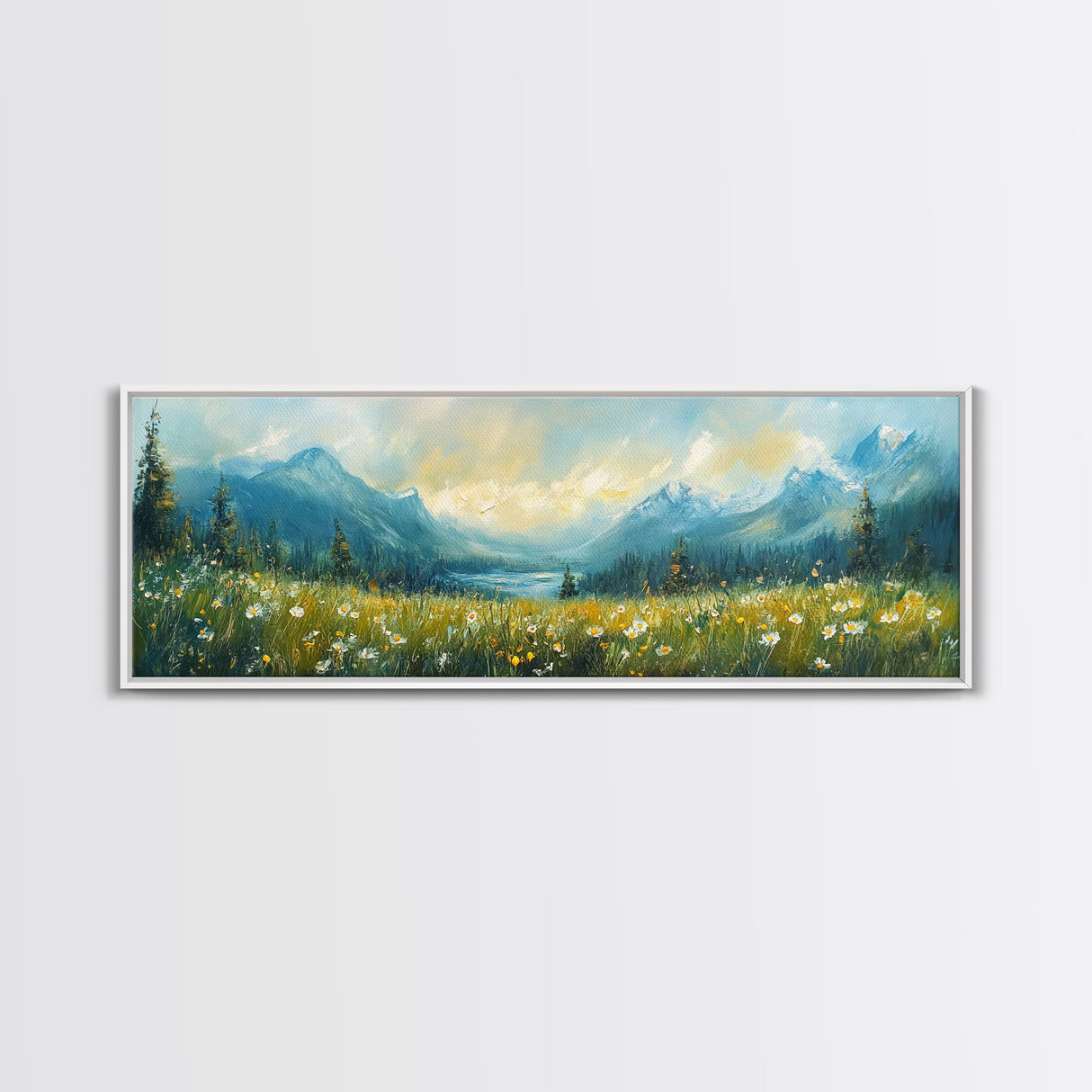 Mountain Lake Meadow Painting, Serene Nature Landscape, Cozy Cabin Art, Blue and Green Rustic Bedroom Wall Decor, Framed Canvas Print
