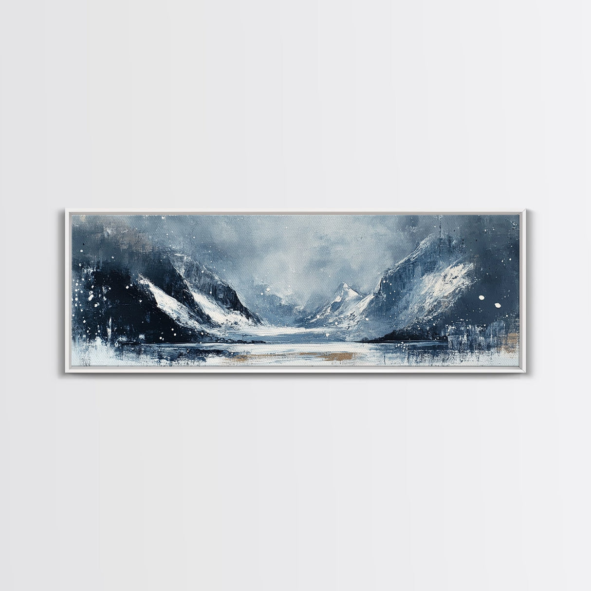 Moody Winter Mountains Framed Canvas Print Dark Landscape Painting Snowy Peaks Rustic Cabin Wall Art Lodge Decor Adventure Gift