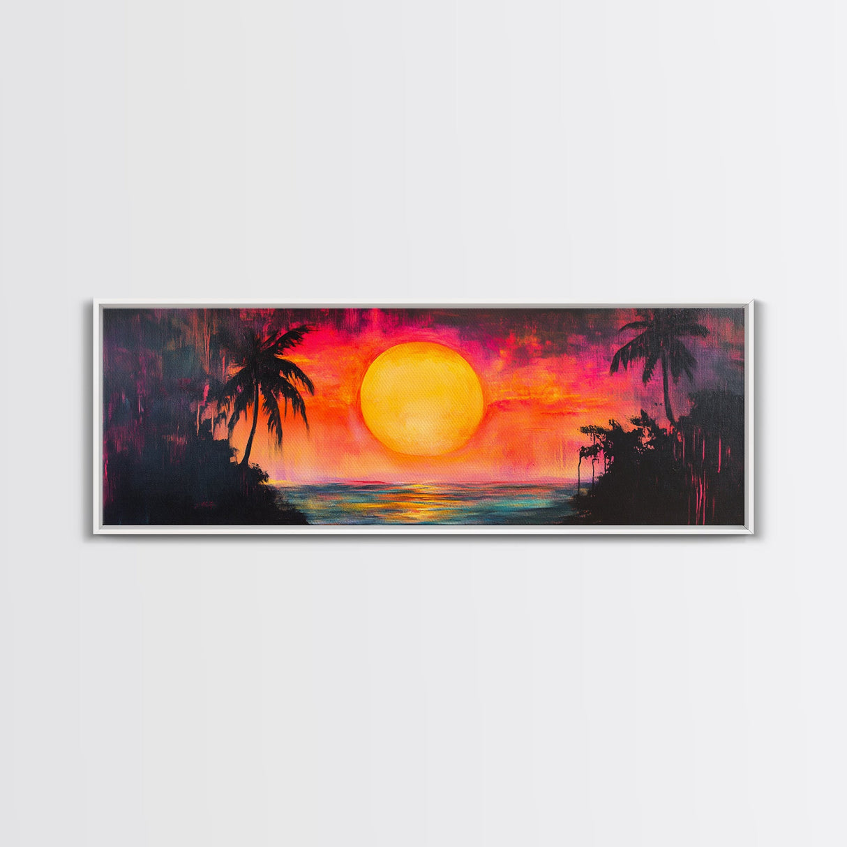 Island Sunset, Tropical Beach Painting, Palm Tree Silhouette, Paradise Art, Framed Canvas Print, Boho Style, Living Room Artwork