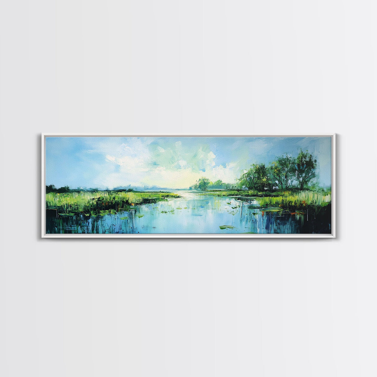 Tranquil, Marshland, Reflection, Nature, Framed Canvas Print, Living Room Wall Art, Impressionist Art, Serene Water Scene