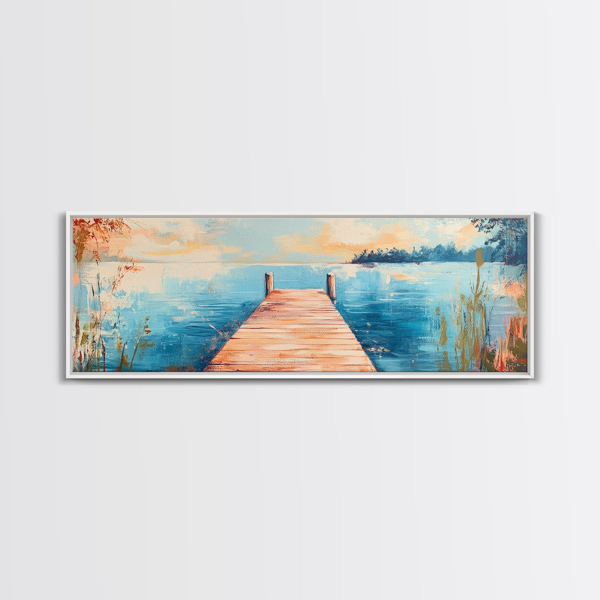 Wooden, Dock, Lake, Tranquility, Framed Canvas Print, Coastal Wall Art, Nature Painting, Bedroom Wall Art, Minimalist Art