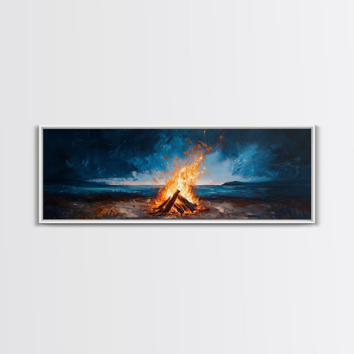 Stormy Beach Bonfire Canvas Print Dramatic Coastal Wall Art Ocean Fire Pit Painting Wilderness Adventure Decor Moody Gift