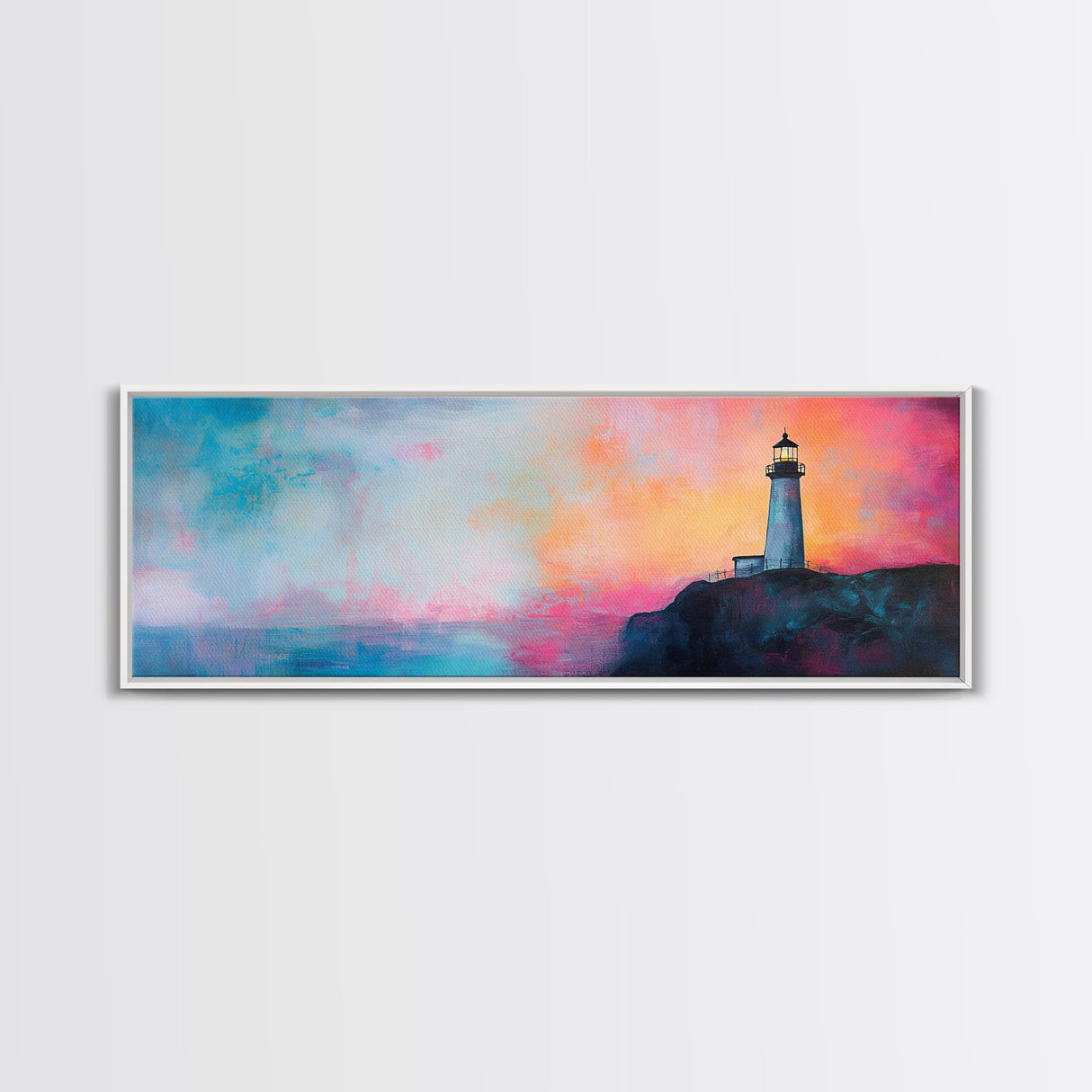 Lighthouse Sunset Canvas Print Nautical Wall Art, Vibrant Coastal Painting, Pink and Blue Seascape, Bedroom Decor