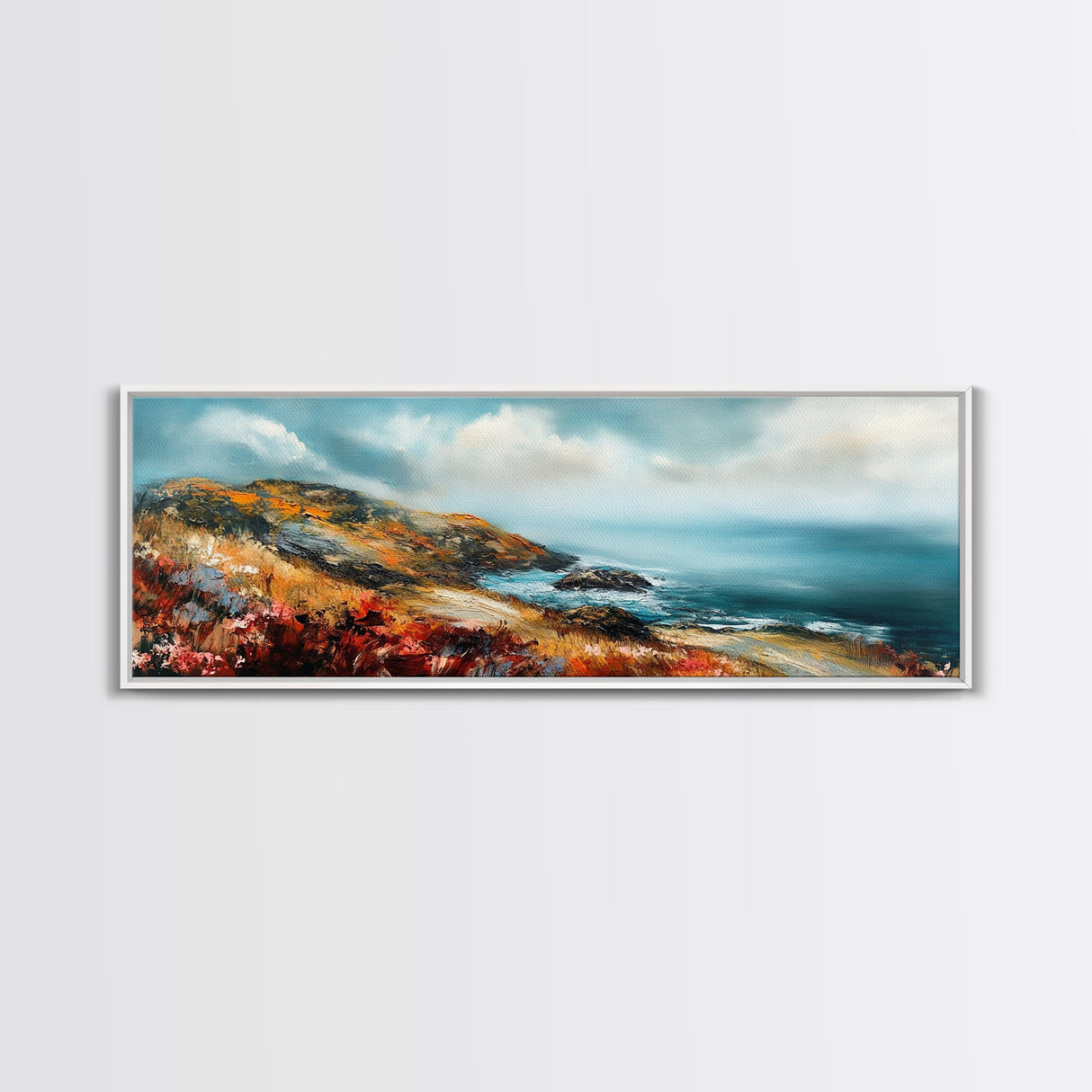 Coastal Cliffside Painting, Vibrant Seaside Landscape, Ocean Beach Art, Modern Nautical Wall Decor, Contemporary Bedroom Accent