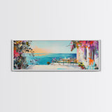 Mediterranean Patio Framed Canvas Print, Coastal Landscape Wall Art, Romantic Seaside Painting, Dining Room Decor, Boho Art