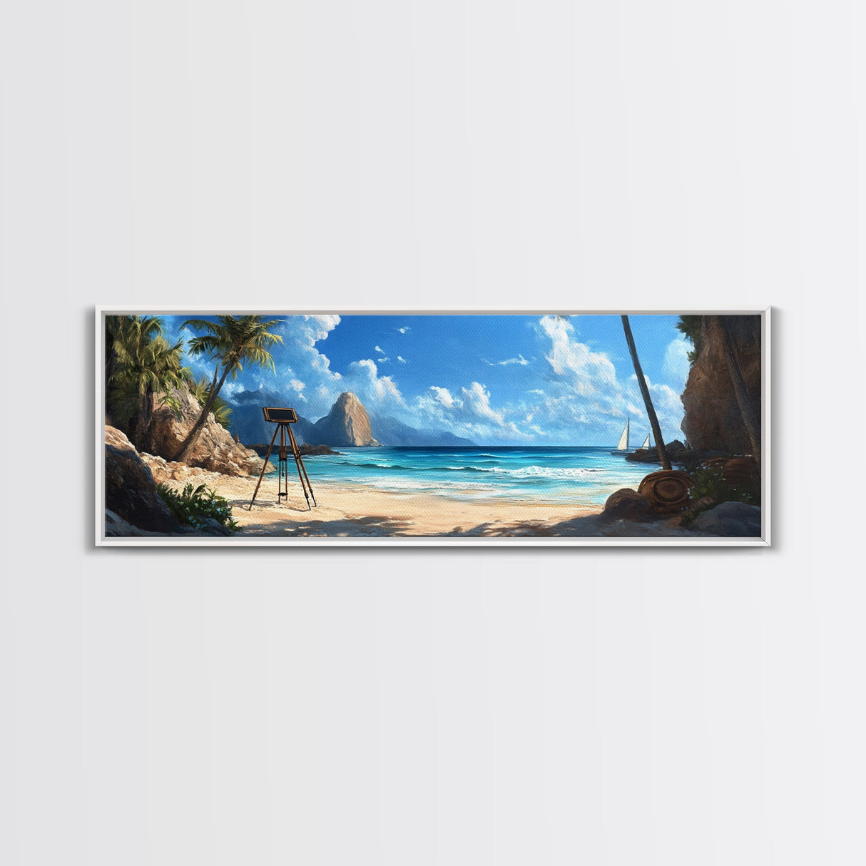 Tropical Beach Framed Canvas Print, Seaside Paradise Wall Art, Coastal Landscape Painting, Ocean View Decor, Office Art