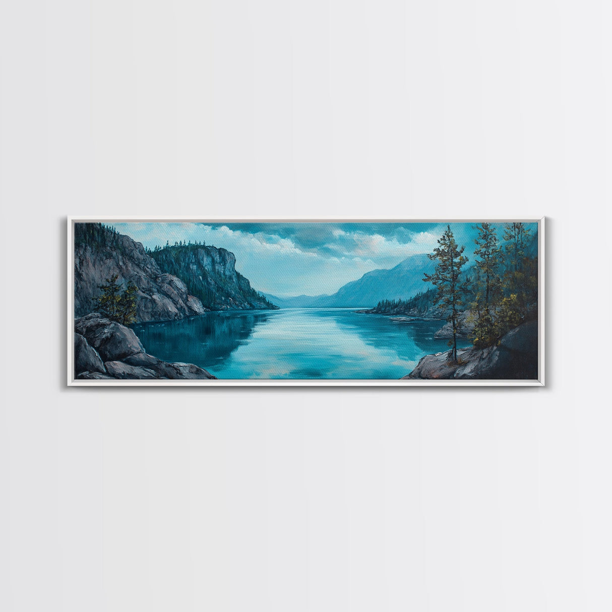 Tranquil Lake Landscape Wall Art, Blue Nature Painting, Rustic Lodge Decor, Large Wide Artwork, Living Room Wall Art
