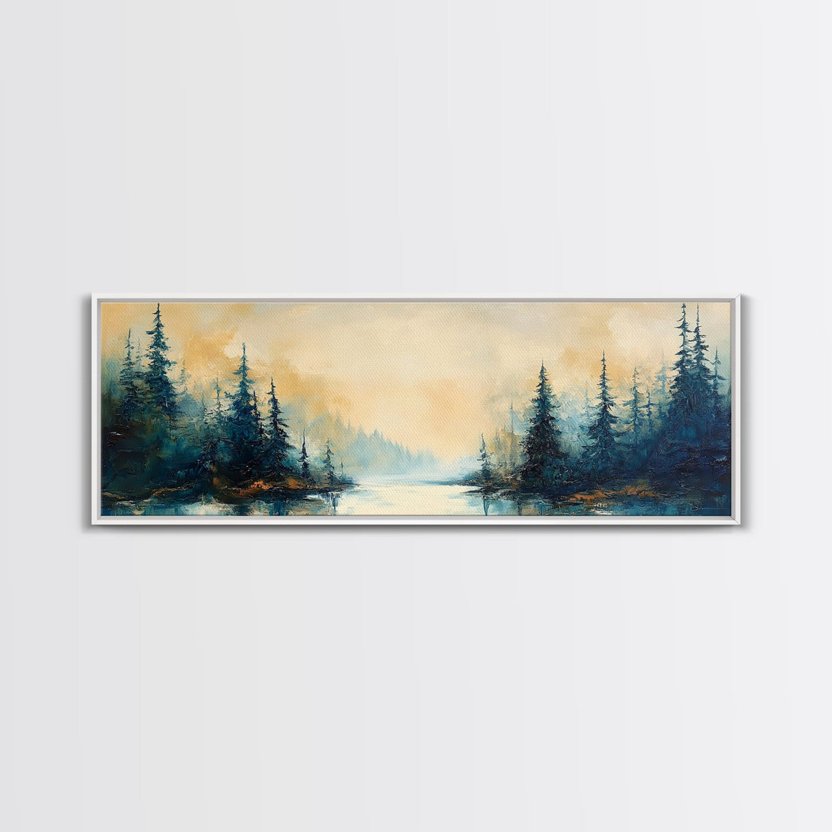 Misty Forest Landscape Wall Art, Blue and Gold Nature Painting, Rustic Cabin Decor, Cozy Woodland Art, Fall Living Room Artwork