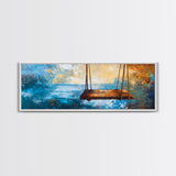 Rustic Wooden Swing by the Ocean, Serene Beach Wall Art, Tranquil Coastal Decor, Dreamy Blue and Gold Painting, Bedroom Artwork
