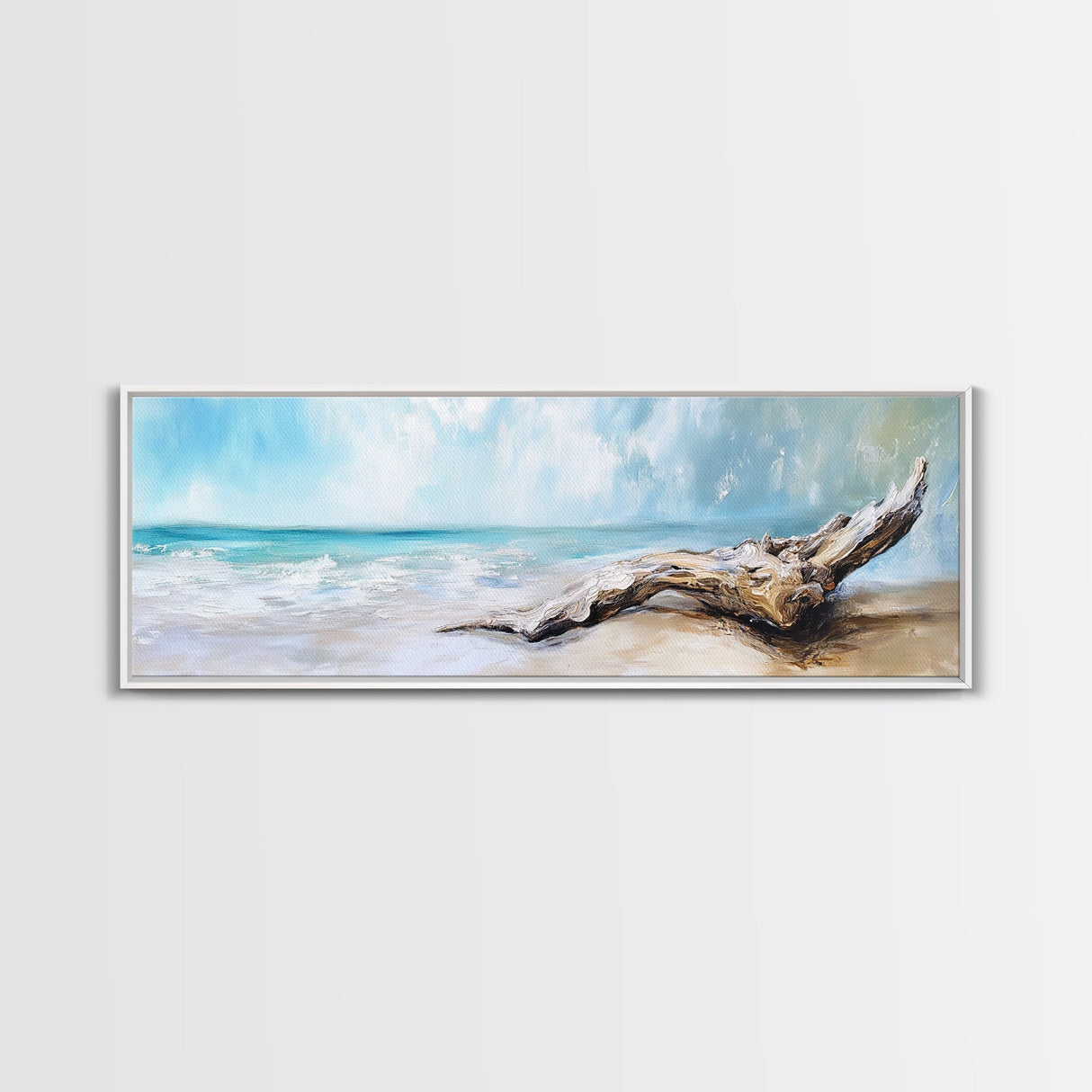 Driftwood on the Beach, Tranquil Coastal Landscape Wall Art, Serene Ocean Painting, Minimalist Seascape Decor, Relaxing Artwork