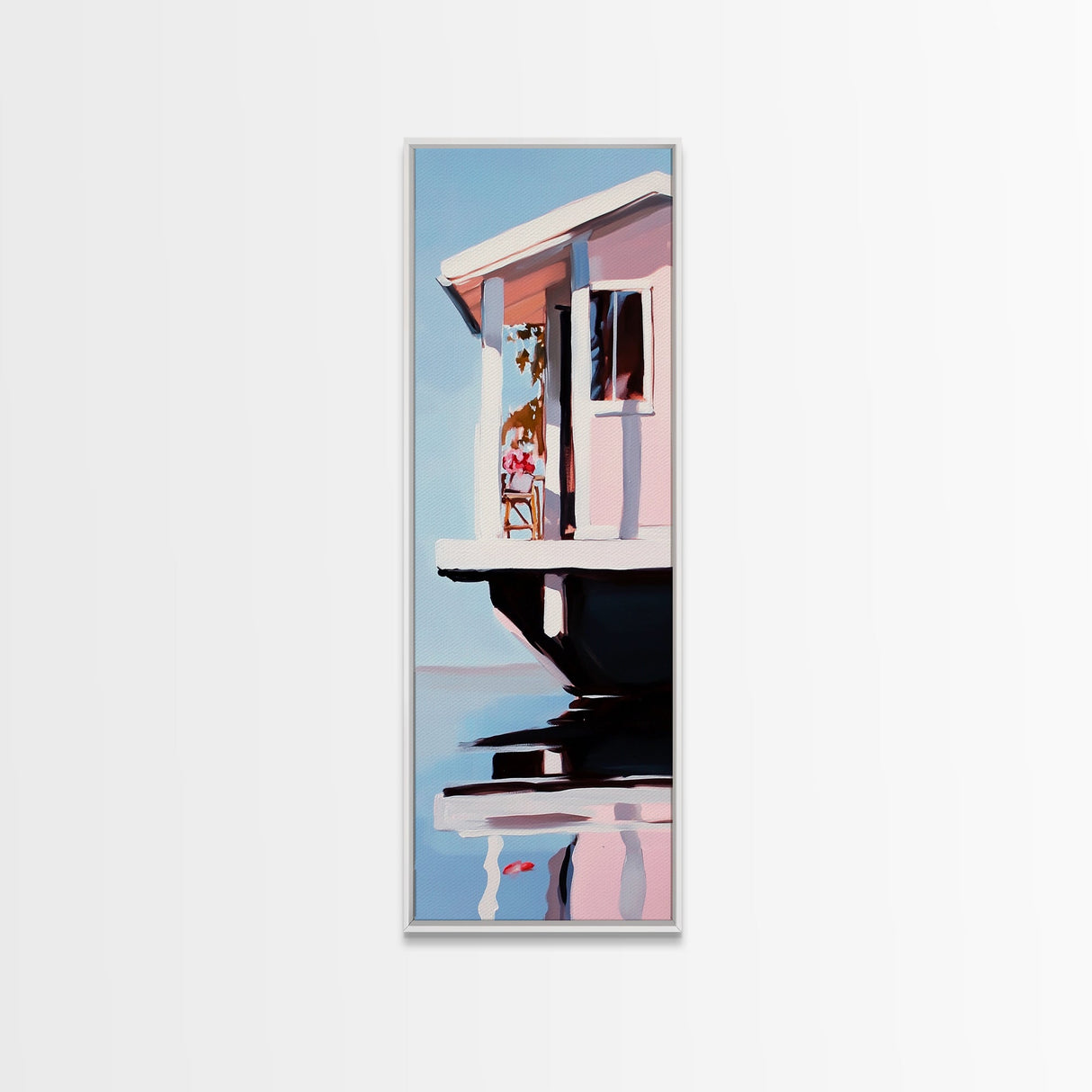 Houseboat Reflection, Nautical Canvas Print, Modern Coastal Wall Art, Serene Home Decor, Minimalist Living Room Artwork, Ocean Aesthetic