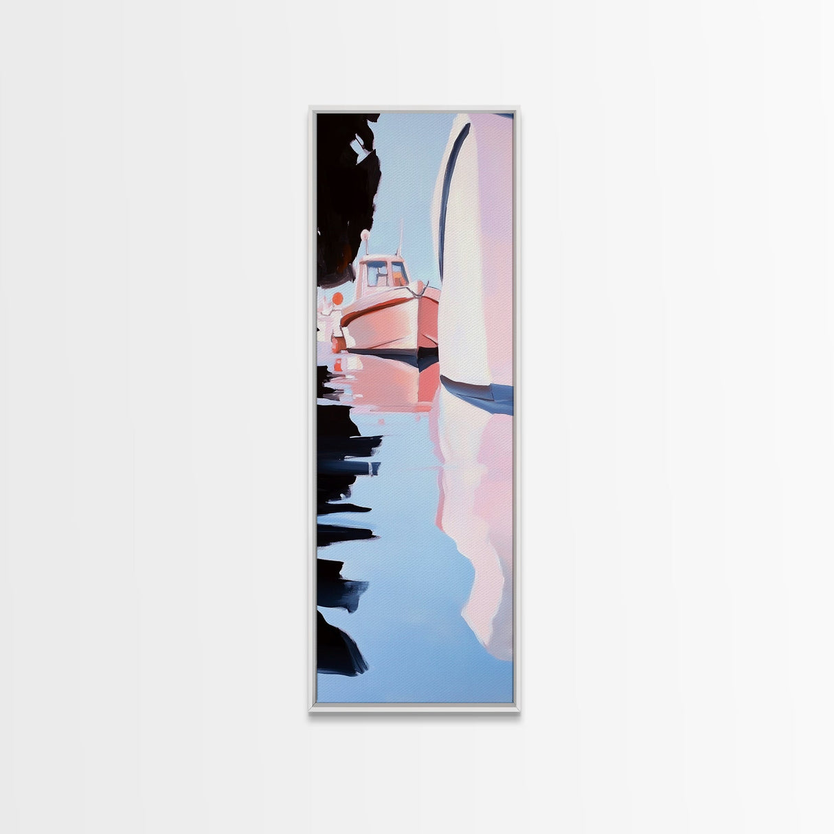 Harbor Reflections, Nautical Wall Art, Coastal Painting, Blue and Pink Decor, Ocean Home, Minimalist Seascape, Framed Canvas Print