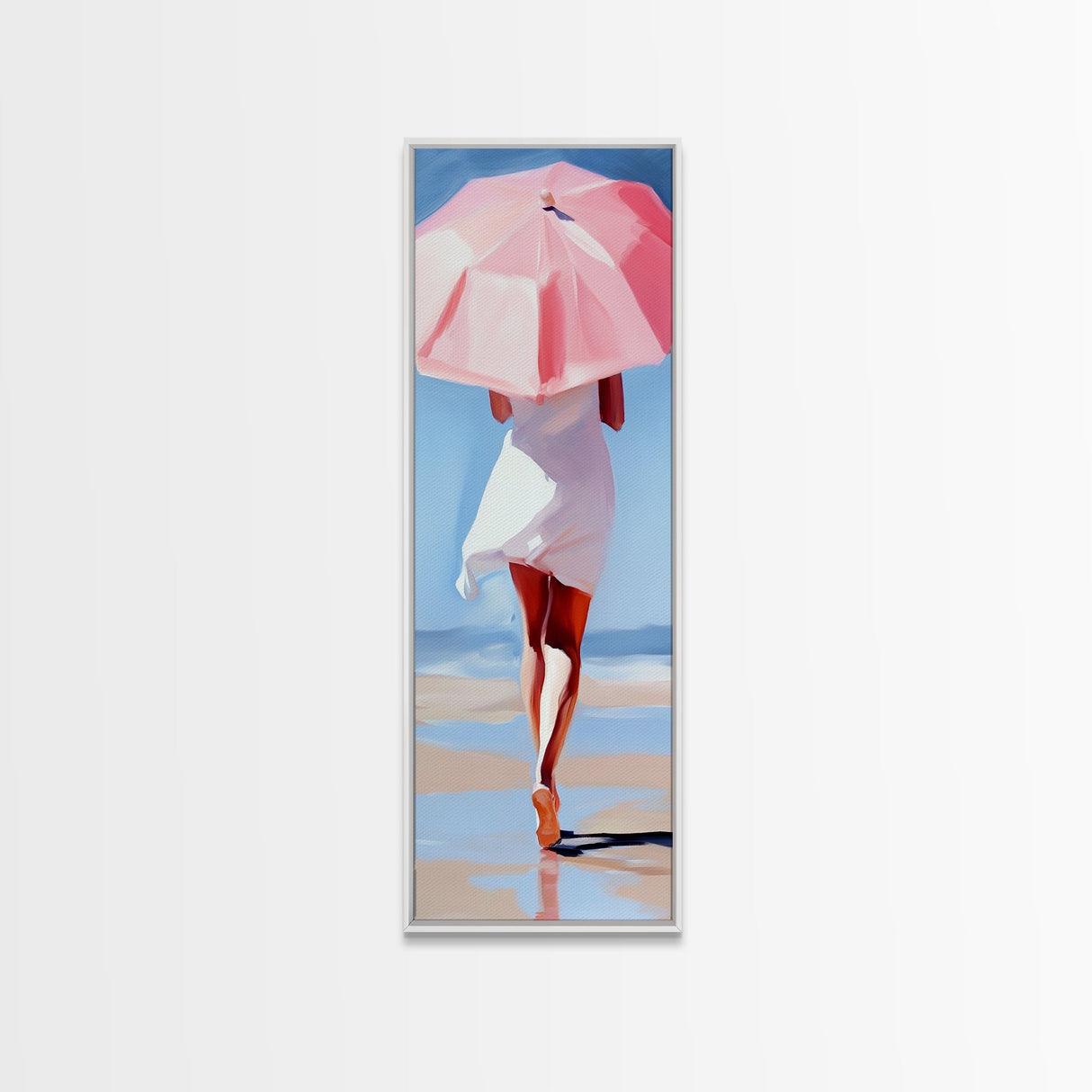 Woman with Umbrella, Summer Vibes, Framed Canvas Print, Coastal Minimalist, Soft Pastel Art, Relaxing Wall Art, Living Room Decor