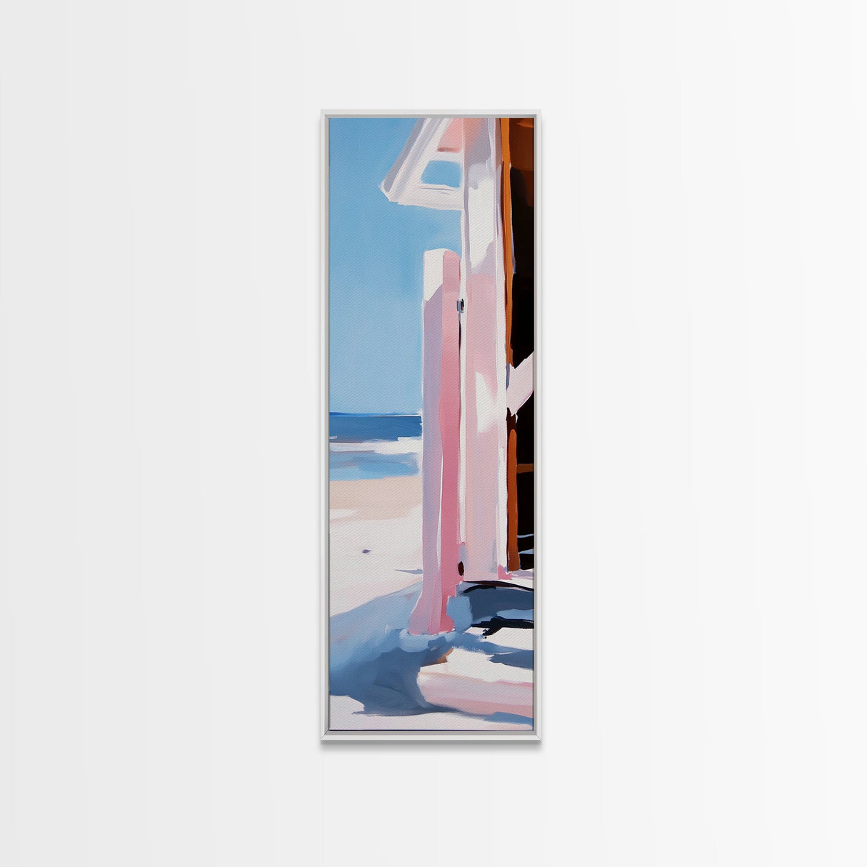 Beach Hut, Coastal Art, Ocean Wall Art, Seaside Retreat, Nautical Painting, Minimalist Beach Decor, Framed Canvas Print