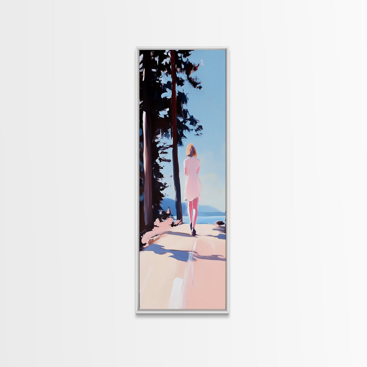 Walking Alone, Pink Dress, Scenic Art, Framed Canvas Print, Minimalist Wall Art, Nature Painting, Bedroom Decor, Boho Art, Gift