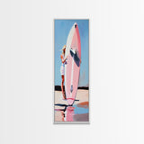 Surfboard Girl, Summer Beach, Coastal Aesthetic, Canvas Print, Boho Wall Art, Minimalist Painting, Living Room Decor, Gift, Pastel