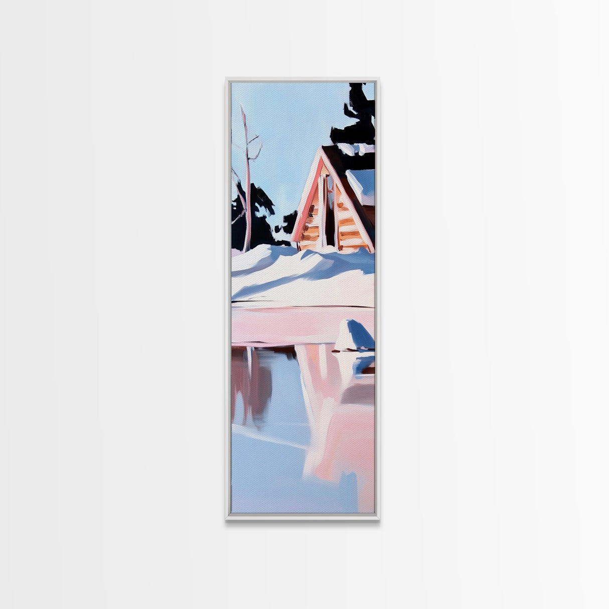Winter Cabin, Snowy Reflections, Framed Canvas Print, Cozy Rustic Wall Art, Nordic Aesthetic, Minimalist Landscape, Bedroom Decor