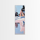 Winter Cabin, Snowy Reflections, Framed Canvas Print, Cozy Rustic Wall Art, Nordic Aesthetic, Minimalist Landscape, Bedroom Decor
