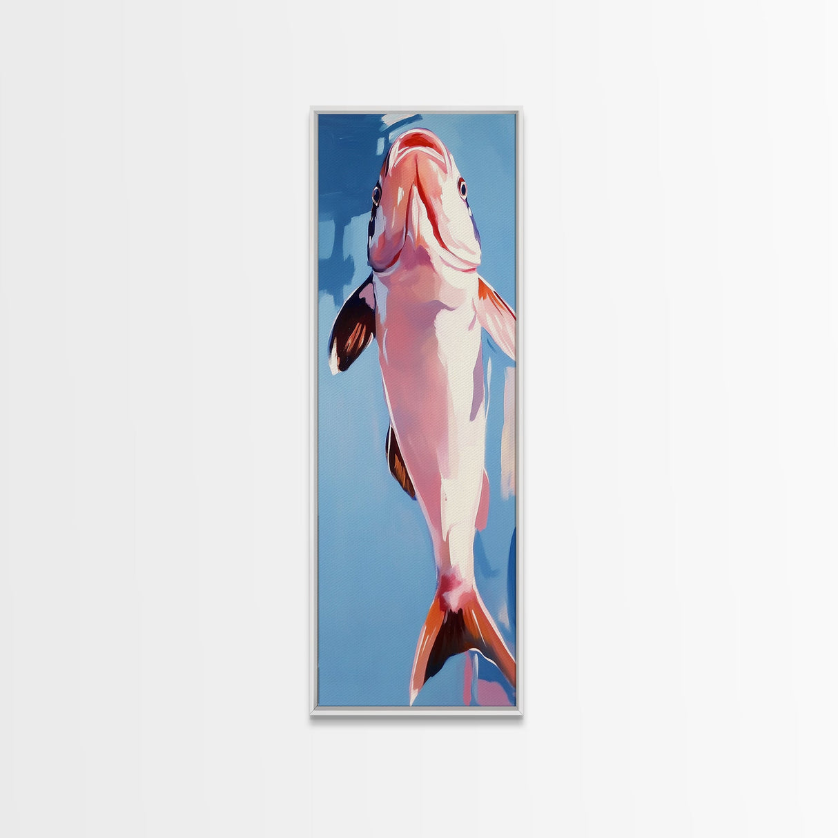 Abstract Fish, Coastal Art, Ocean Life Painting, Framed Canvas Print, Minimalist Marine Decor, Blue and Pink Aesthetic, Beach House Art