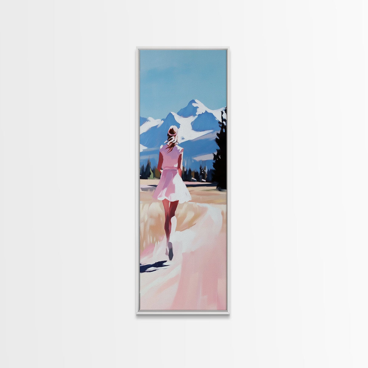 Mountain Runner, Pink Dress, Scenic Landscape Art, Framed Canvas Print, Minimalist Wall Art, Nature Lover, Bedroom Wall Art