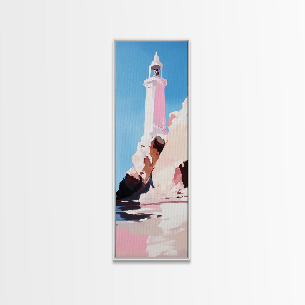 Lighthouse Art, Coastal Wall Decor, Nautical Painting, Ocean Wall Art, Minimalist Seascape, Blue Sky Print, Framed Canvas Print