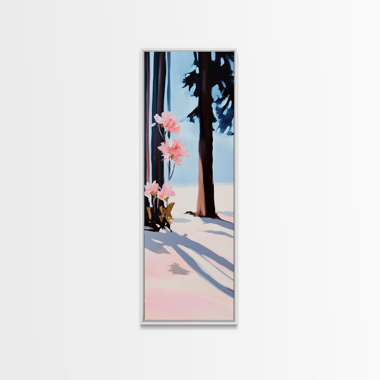 Floral Winter, Botanical Wall Art, Pink Flower Snow Scene, Nature-Inspired Artwork, Minimalist Forest Painting, Canvas Print, Office Wall Art