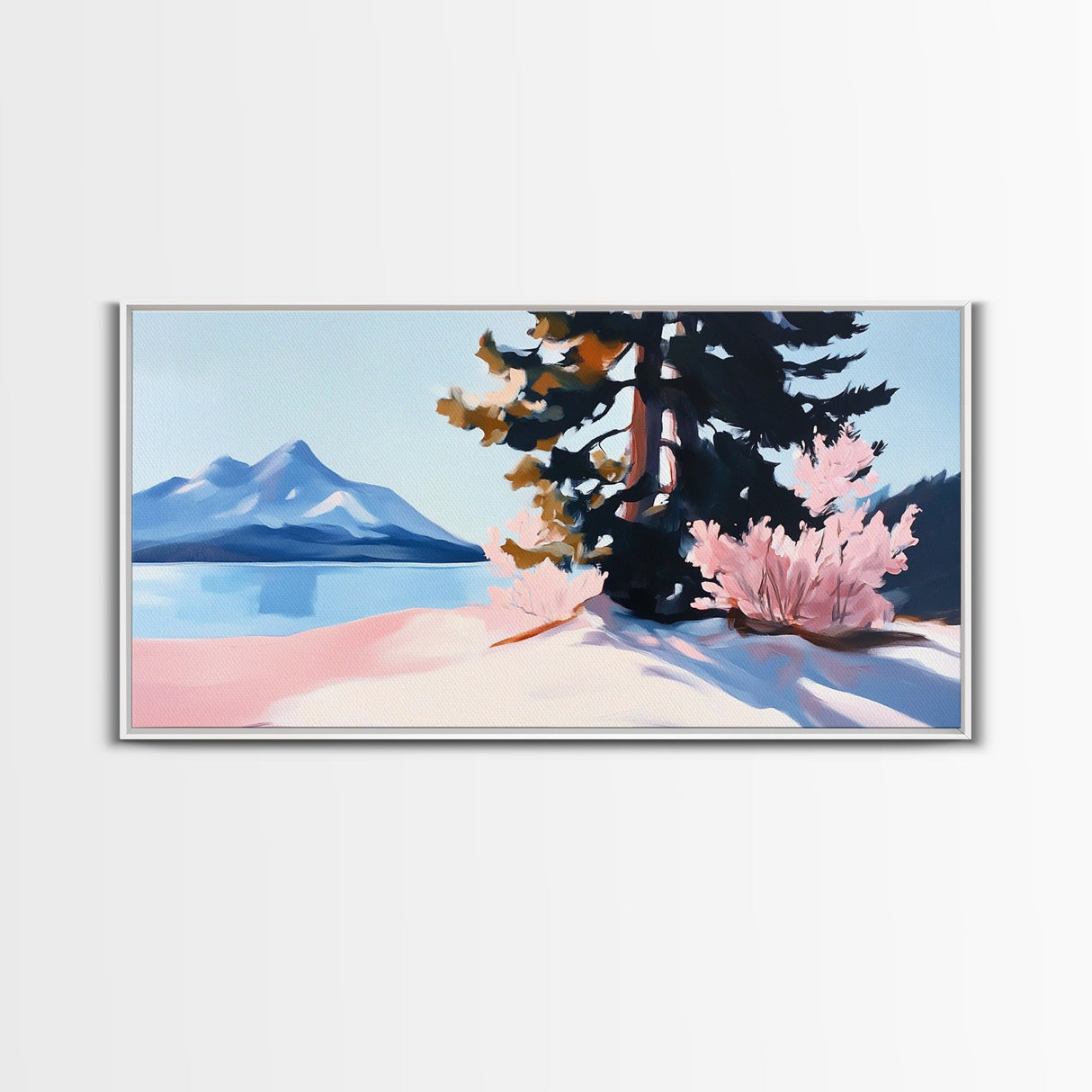 Mountain Landscape, Tranquil Lake Scene, Serene Nature Painting, Minimalist Home Decor, Rustic Wilderness Art, Framed Canvas Print