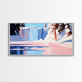 Winter Waterfall, Frozen River, Snowy Landscape, Framed Canvas Print, Minimalist Art, Living Room Wall Art, Nature Scene, Icy Blue