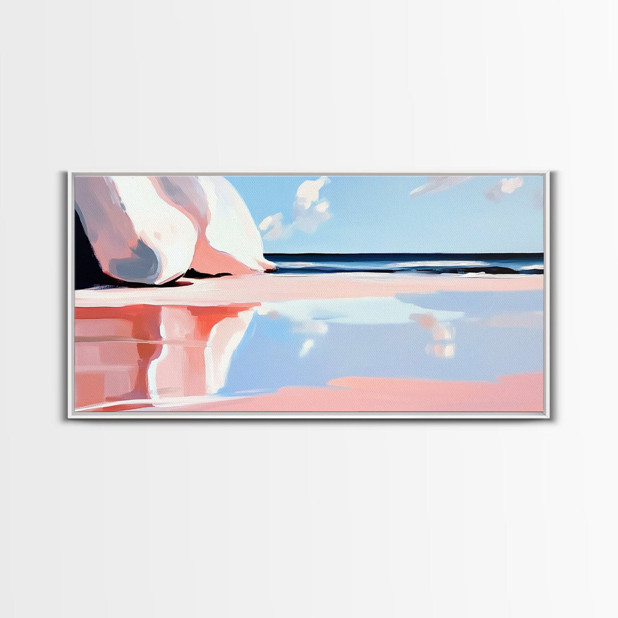 Pink Waves, Coastal Reflection, Ocean Art, Seascape Wall Decor, Bedroom Wall Art, Framed Canvas Print, Minimalist Beach Scene, Soft Pastels