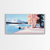 Mountain Lake, Pink Trees, Nature Art, Canvas Print, Cabin Wall Decor, Living Room Landscape, Winter Painting, Minimalist Nature Art