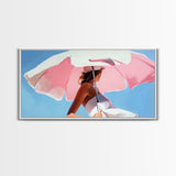 Pink Umbrella, Summer Vibes, Coastal Aesthetic, Modern Boho Art, Vibrant Pastel Decor, Bedroom Wall Art, Framed Canvas Print